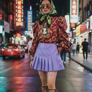 Alice + Olivia Carter Vegan Leather Pleated Mini Skirt Size 4 Lilac Purple Boho